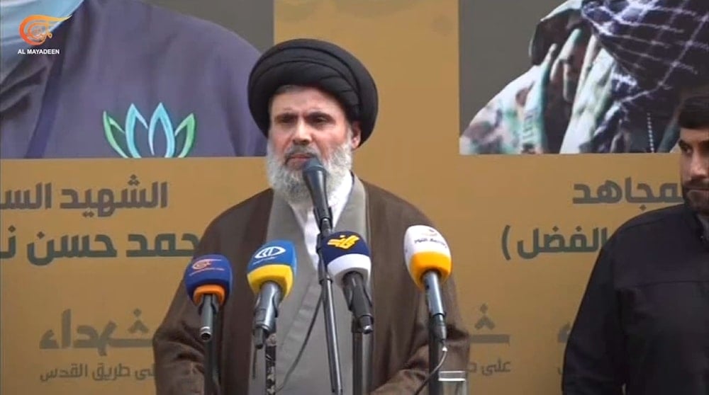 Hezbollah's executive council chief Sayyed Hashem Safieddine delivers a speech to commemorate martyrs on September 18, 2024 (Al Mayadeen screengrab)