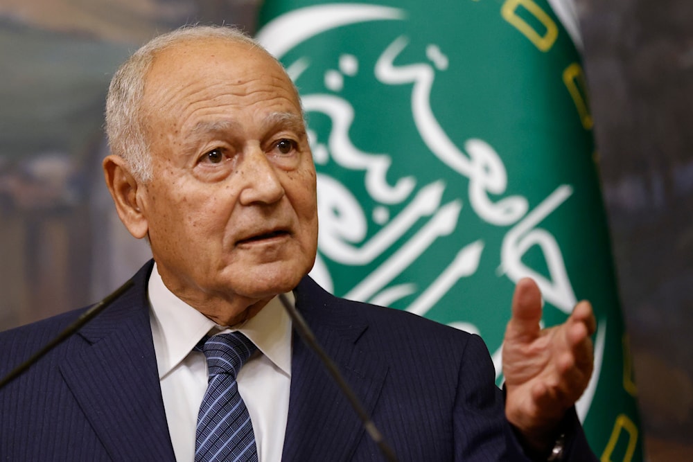 Secretary General of the League of Arab States Ahmed Aboul Gheit gestures as he speaks during a joint news conference with Russian Foreign Minister Sergey Lavrov following their talks in Moscow, Russia, October 9, 2023. (AP)