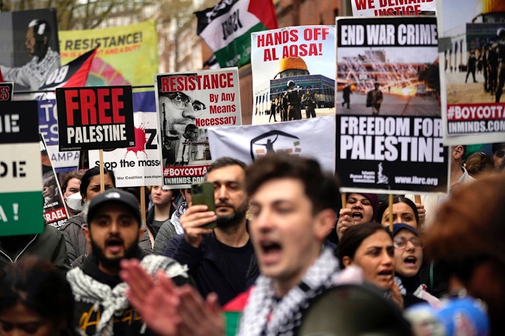 Pro-Palestine protesters take part at a demonstration on Al Quds Day, in London, Friday, April 5, 2024 (Military Media)