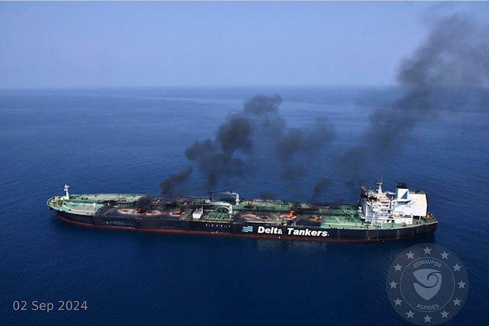 This photo released by the European Union's Operation Aspides naval force shows the Greek-flagged oil tanker Sounion burning in the Red Sea on Monday, September 2, 2024 (European Union's Operation Aspides via AP)