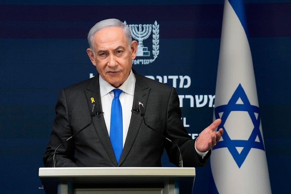 Israeli Prime Minister Benjamin Netanyahu speaks during a news conference in occupied al-Quds, Monday, Sept. 2, 2024.(AP)