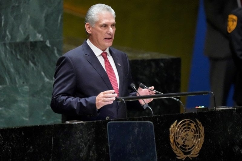 Cuban President Miguel Diaz-Canel addresses the 78th session of the United Nations General Assembly, Tuesday, September 19,2023, at the United Nations headquarters (AP)