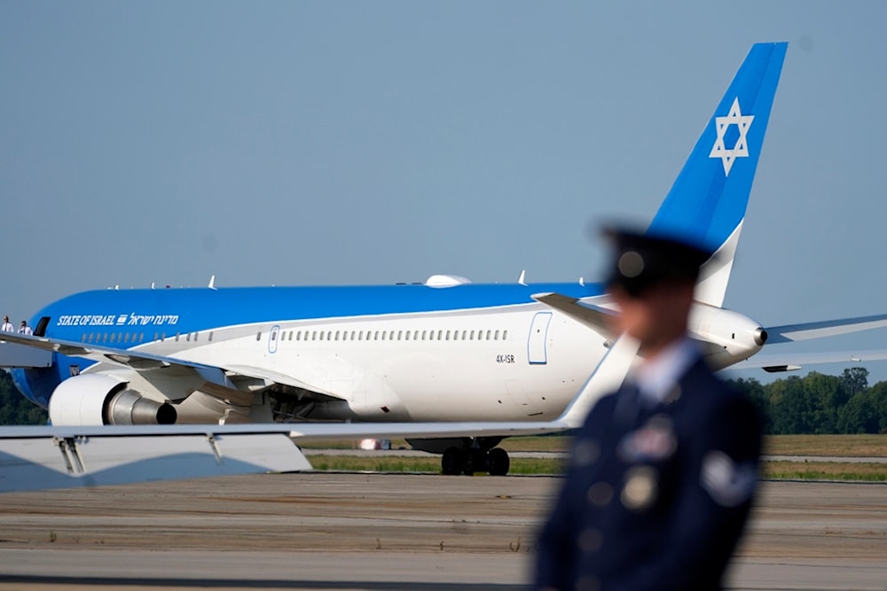 A plane that will carry Israeli Prime Minister Benjamin Netanyahu sits on the tarmac at Andrews Air Force Base in Md., Saturday, July 27, 2024. (AP Photo/Stephanie Scarbrough, Pool)