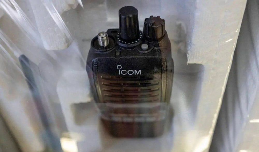 This photo shows a walkie-talkie device with the Icom logo at a shop in Tokyo’s Akihabara electric district on September 19, 2024