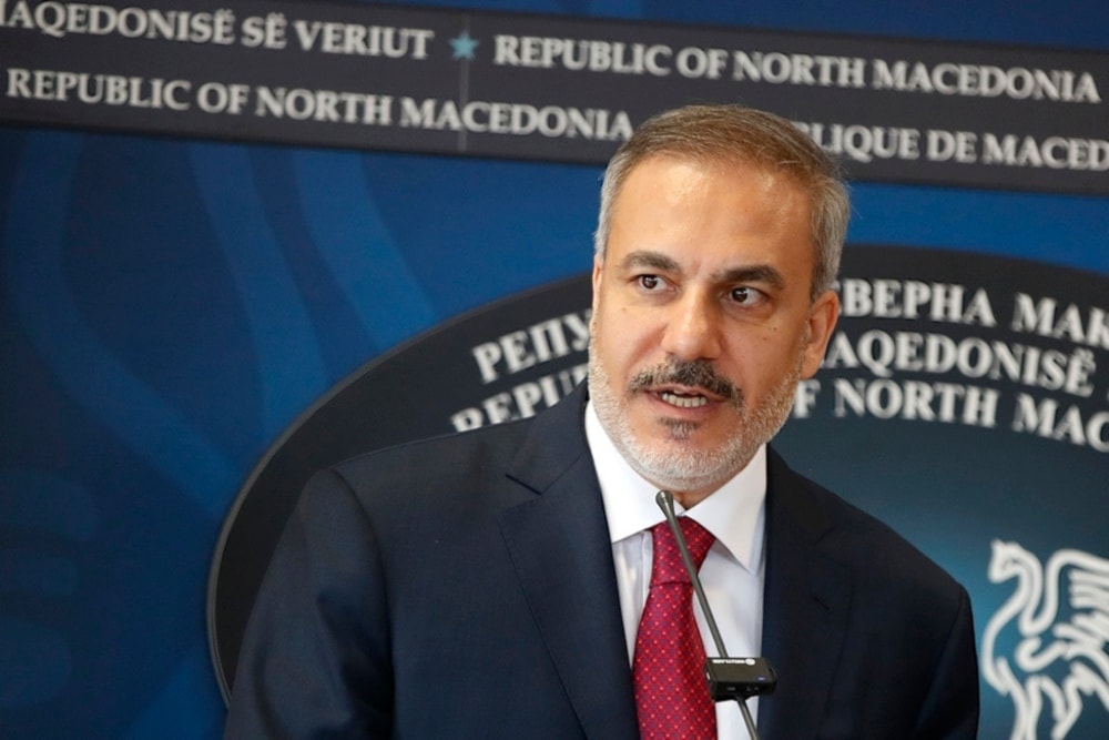 Turkish Foreign Minister Hakan Fidan speaks during a news conference in North Macedonia omn Thursday September 5,2024. 9AP)