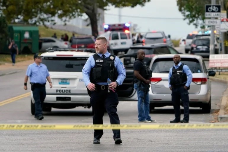 Police lock down the scene of a shooting at Central Visual and Performing Arts High School in St Louis, Missouri in 2022. (AP)