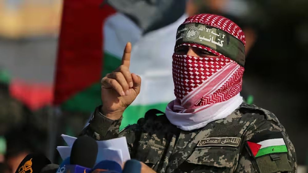 The spokesman for the Izz ad-Din al-Qassam Brigades, Abu Obeida, wearing the correct headband of the military wing of Hamas.