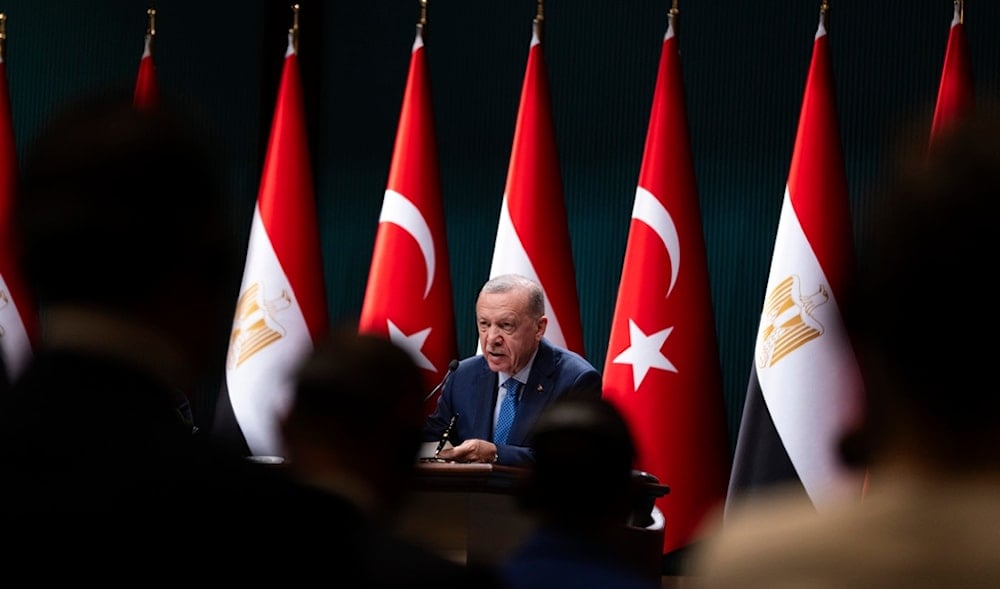 Turkish President Recep Tayyip Erdogan talks during a join bilateral signature agreements ceremony with Egyptian President Abdel Fattah el-Sissi at the Presidential palace in Ankara, Wednesday, Sept. 4, 2024. 