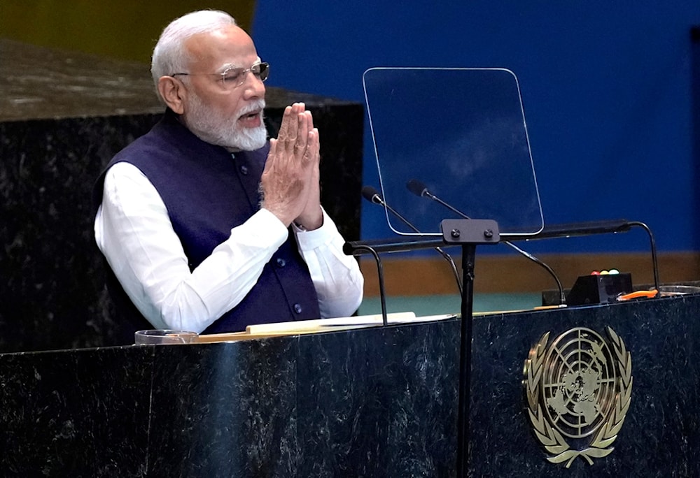 India's Prime Minister Narendra Modi addresses the the Summit of the Future, in the United Nations General Assembly, Monday, Sept. 23, 2024. (AP)