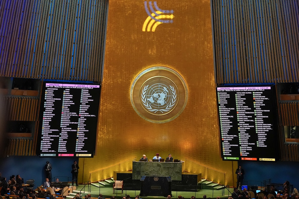 A vote on a draft resolution is taken during the Summit of the Future, on September 22, 2024 at UN headquarters. (AP)