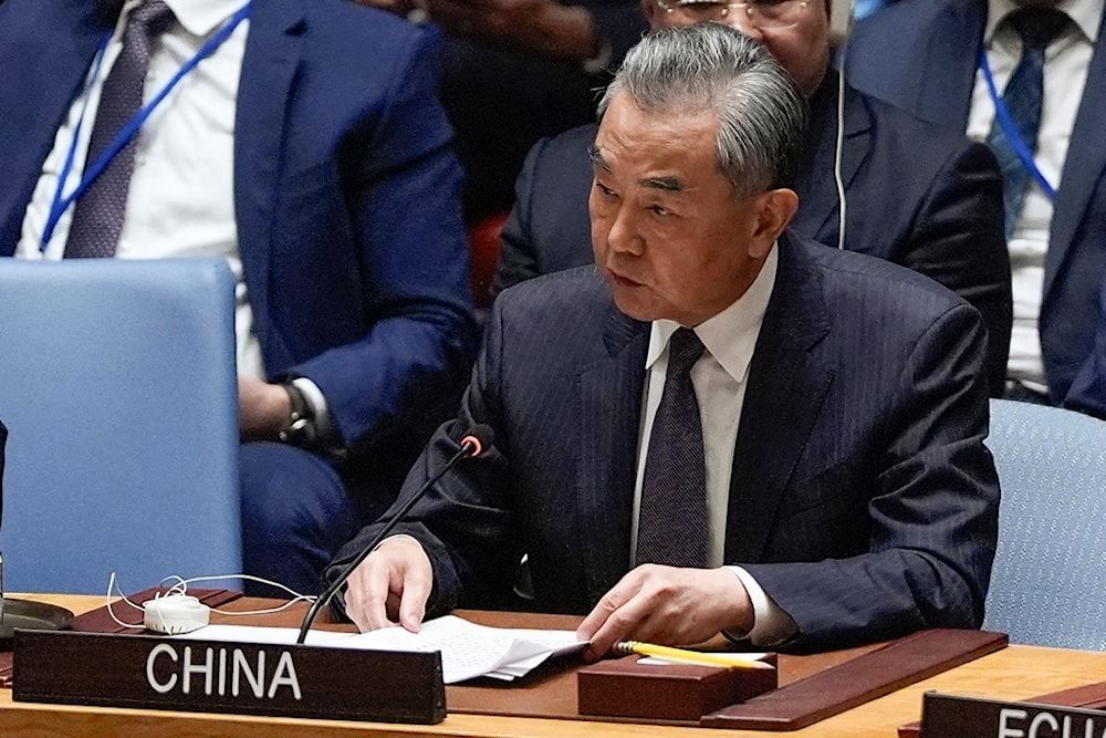 Wang Yi, China Foreign Minister, speaks during a Security Council meeting, Tuesday, Sept. 24, 2024, at UN headquarters. (AP Photo/Julia Demaree Nikhinson, Pool)