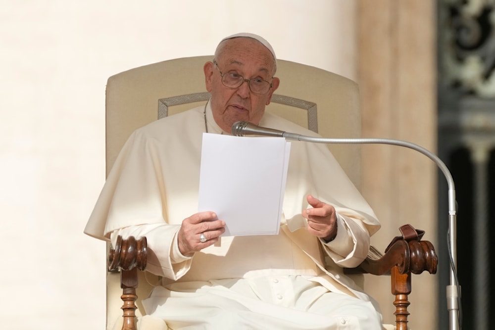 Pope Francis holds his weekly general audience in St. Peter's Square, at the Vatican, Wednesday, Sept. 25, 2024. (AP Photo/Gregorio Borgia)