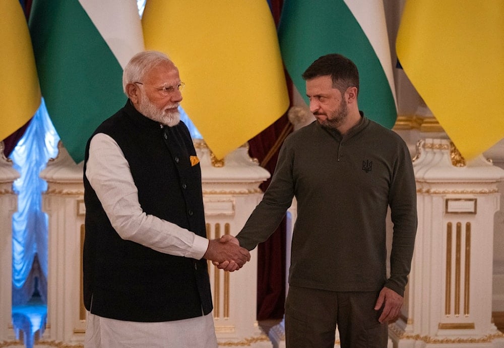 Indian Prime Minister Narendra Modi, left, meets with Ukrainian President Volodymyr Zelenskyy in Kyiv, Ukraine, on Friday, Aug. 23, 2024. (AP Photo/Efrem Lukatsky)