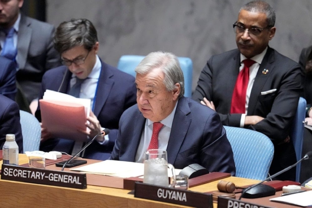 UN Secretary-General Antonio Guterres addresses a Security Council meeting on maintenance of peace and security of Ukraine on Friday 23,2024 at United Nations Headquarters. (AP