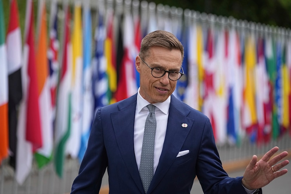 Finnish President Alexander Stubb arrives at the Ukraine peace summit in Obbürgen, Switzerland, Saturday, June 15, 2024 (AP)