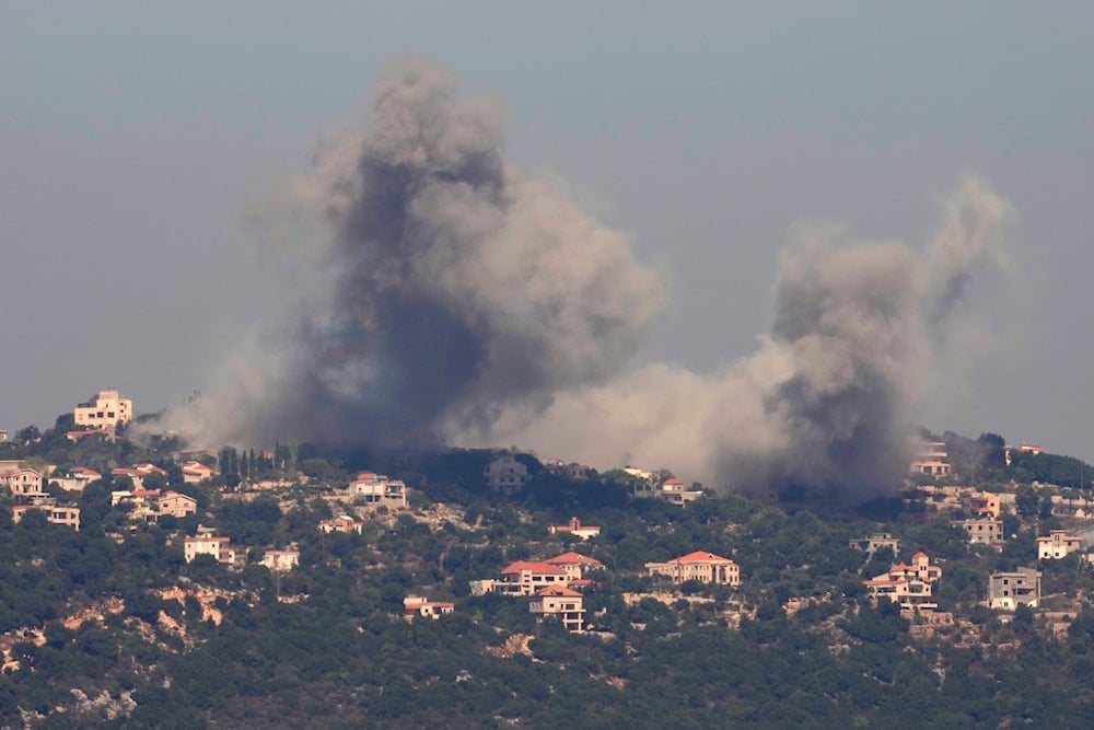 Smoke rises from Israeli airstrikes in the southern village of Sejoud, seen from Marjayoun, south Lebanon, on September 25, 2024. (AP)