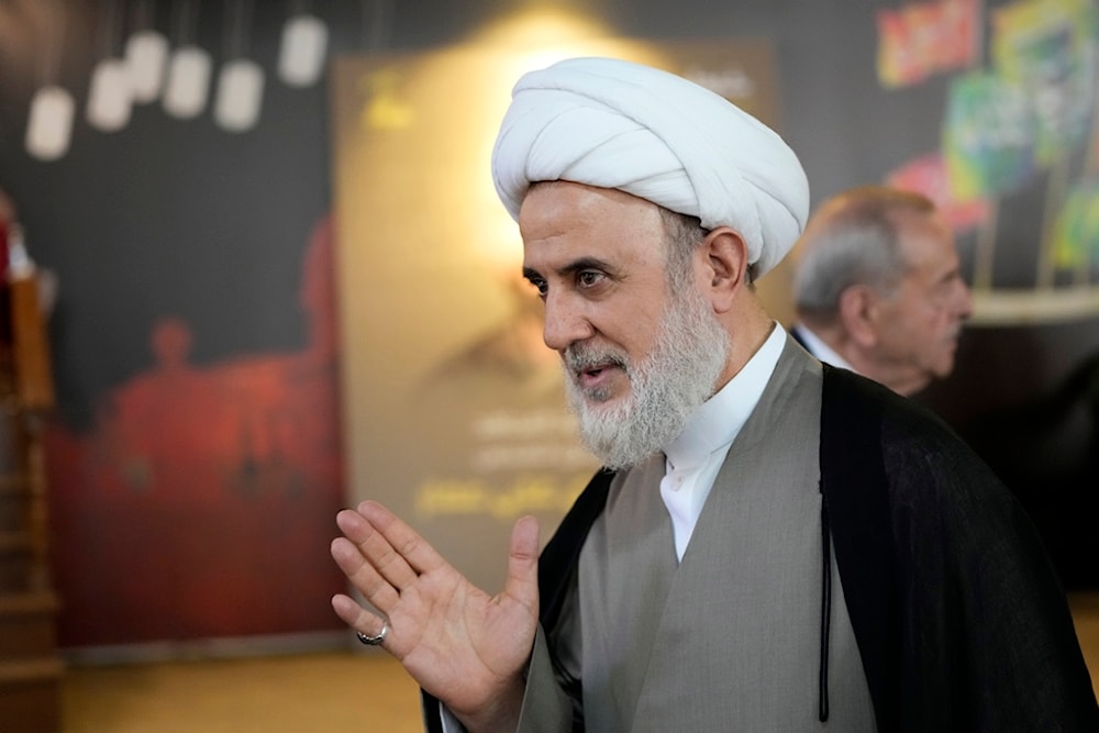 Hezbollah official Sheik Nabil Qaouk receives condolences in the death of Hezbollah legislator Ali Ammar's son in Beirut's Southern Suburb of Burj al-Barajneh, Wednesday, September 18, 2024 (AP)