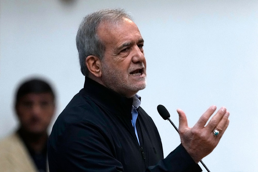 Iranian President Masoud Pezeshkian speaks during the 38th International Islamic Unity Conference in Tehran, Iran, Thursday, Sept. 19, 2024. (AP Photo/Vahid Salemi)