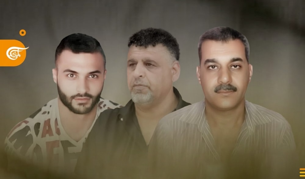 Martyred PFLP leaders and members Mohammed Abdel Aal, Imad Awda, and Abdul Rahman Abdel Aal following an Israeli airstrike on Cola, Beirut on September 29, 2024. (Al Mayadeen)