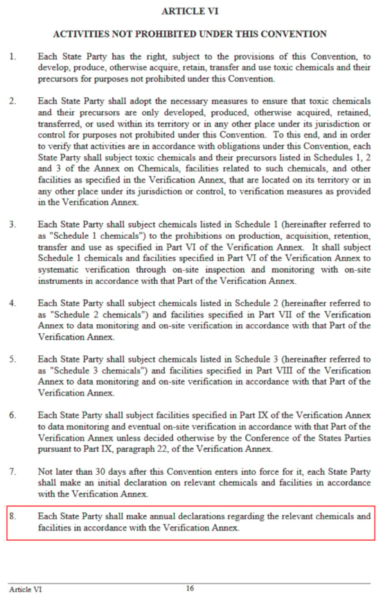 State parties are demanded to declare triethanolamine annually  according to CWC Article VI paragraph 8