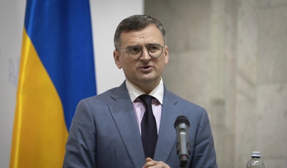 Ukrainian Foreign Minister Dmytro Kuleba speaks during a joint press conference with German Foreign Minister Annalena Baerbock in Kyiv, Ukraine, on May 21, 2024. 