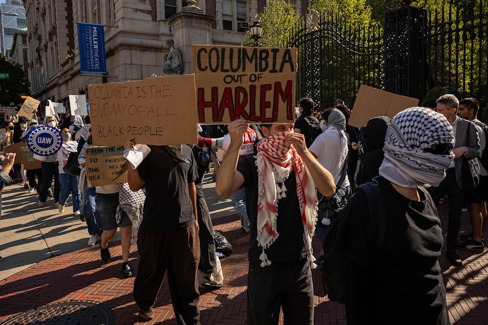 Pro-Palestinian supporters hold a picket line outside Columbia University, on September 3, 2024, in New York. (AP)