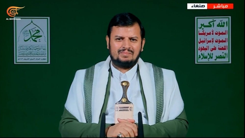 Ansar Allah leader Sayyed Abdul-Malik al-Houthi in a televised speech on Thursday, September 5, 2024 (Screengrab)