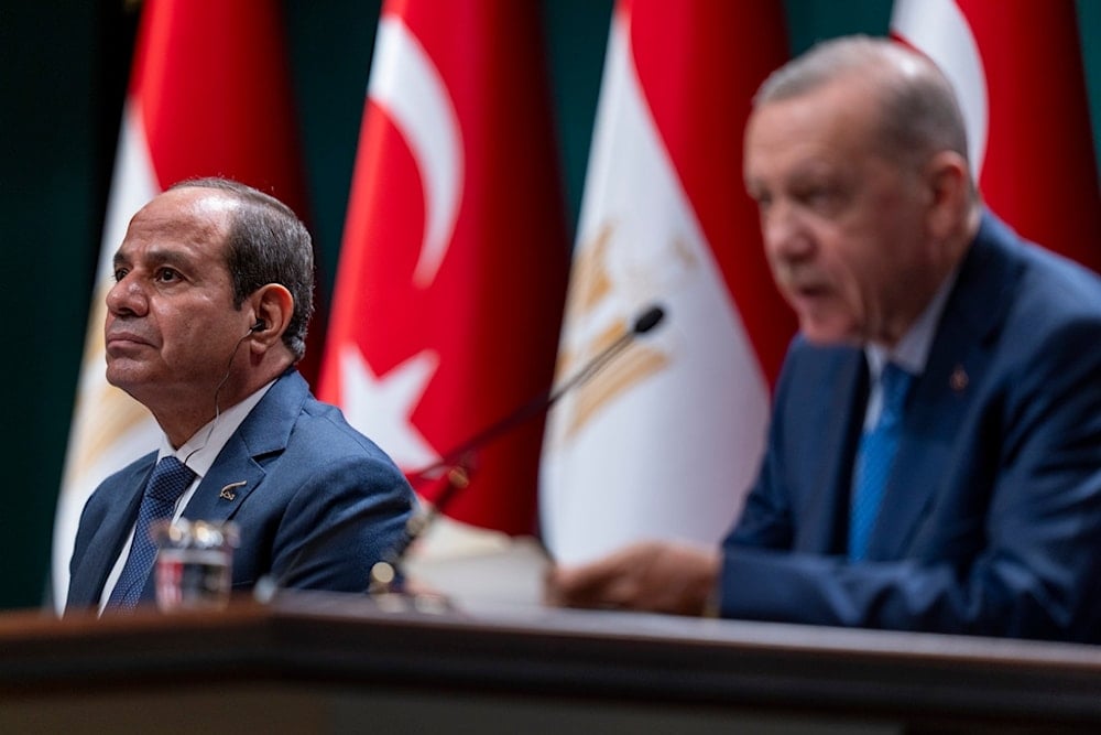 Egyptian President Abdel Fattah el-Sissi, left, listens to Turkish President Recep Tayyip Erdogan during a bilateral signature agreements ceremony at the Presidential palace in Ankara, Wednesday, Sept. 4, 2024. (AP)