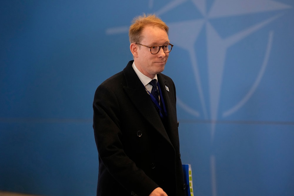 Sweden's Foreign Minister Tobias Billstrom arrives for the first day of the meeting of NATO Ministers of Foreign Affairs in Bucharest, Romania, on November 29, 2022. (AP)