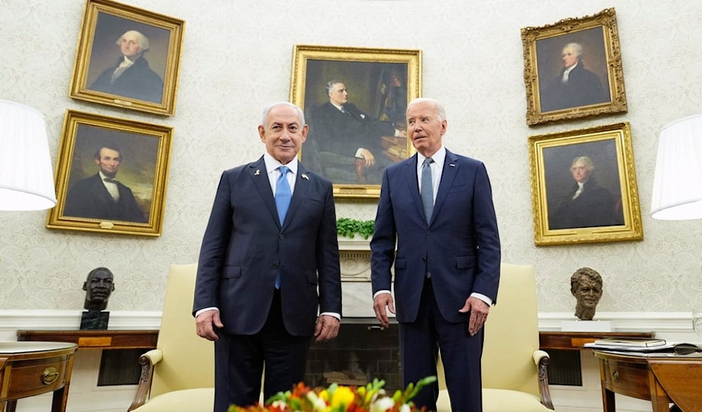 US President Joe Biden, right, meets with Israeli occupation Prime Minister Benjamin Netanyahu, left, in the Oval Office of the White House in Washington, United States, July 25, 2024. (AP)