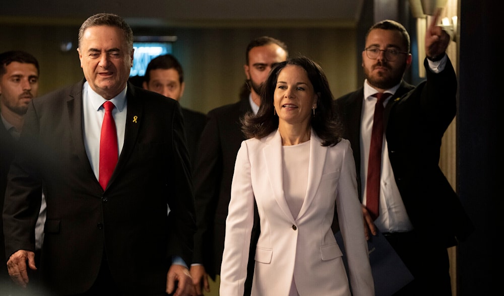 Foreign Minister Israel Katz arrives with his German counterpart Annalena Baerbock, for a meeting in Tel Aviv, on September 6, 2024. (AP)