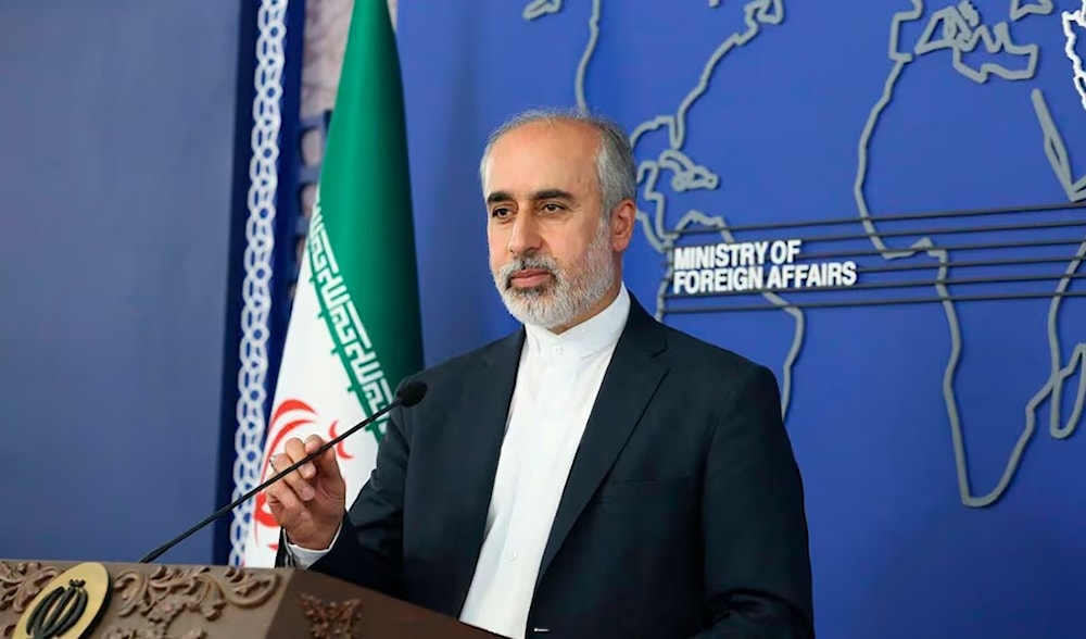 Foreign Ministry spokesperson Nasser Kanaani speaks in Tehran, Iran on August 11, 2023. (AP)