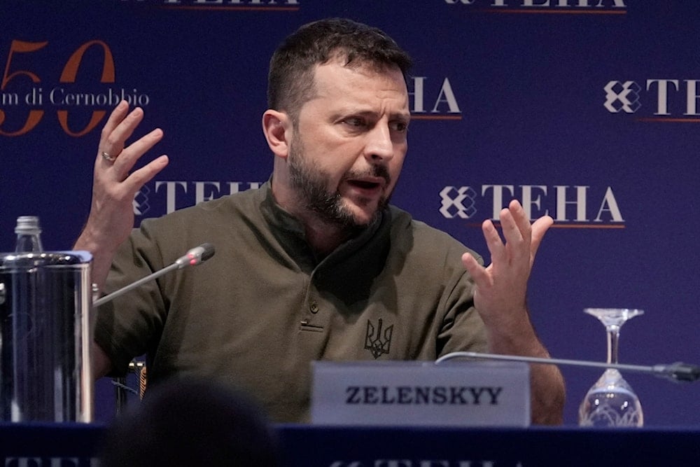 Ukrainian President Volodymyr Zelenskyy delivers his speech as he attends The European House Ambrosetti (TEHA) economic forum in Cernobbio, Como Lake, Italy, Friday, September 6, 2024 (AP)