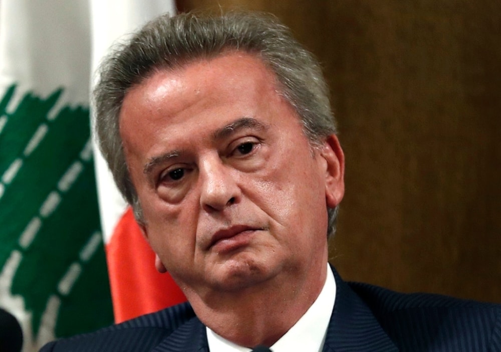 Former central bank governor Riad Salameh listen to a journalist’s question during a press conference in Beirut on November 11, 2019. (AP)