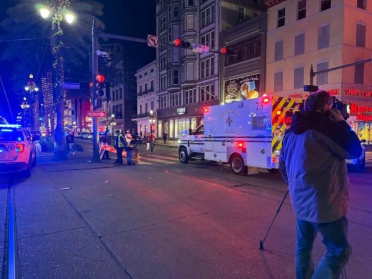Police and ambulance cars gather at the scene of the car ramming in New Orleans on January 1, 2025. (SocialMedia/X)