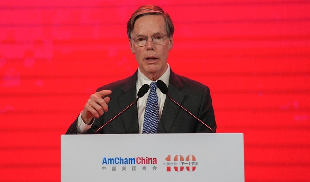 U.S. ambassador to China Nicholas Burns speaks during an Amcham event held in Beijing, China on Friday, March 1, 2024. (AP)