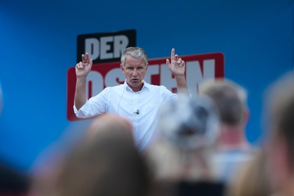 Bjorn Hocke, top candidate of the far-right Alternative for Germany party, or AfD, speaks at an election campaign rally of the party for upcoming state elections in Suhl, Germany, on August 13, 2024. (AP)