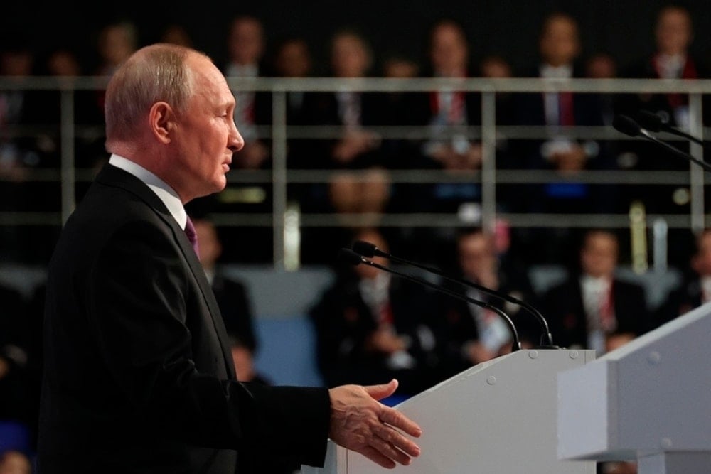 Russian President Vladimir Putin speaks addressing the 4th Railway Congress at the Luzhniki Olympic Complex in Moscow, Russia, Friday December 15, 2023. (AP)