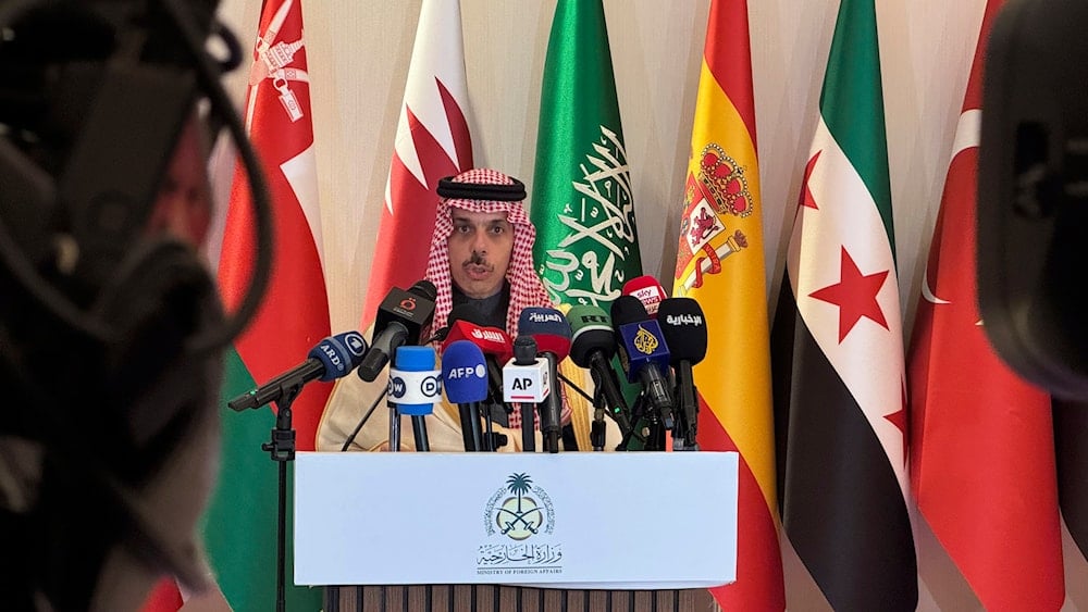 Saudi Foreign Minister Prince Faisal bin Farhan Al-Saud speaks during a press briefing, in Riyadh, Saudi Arabia, on January 12, 2025. (AP)