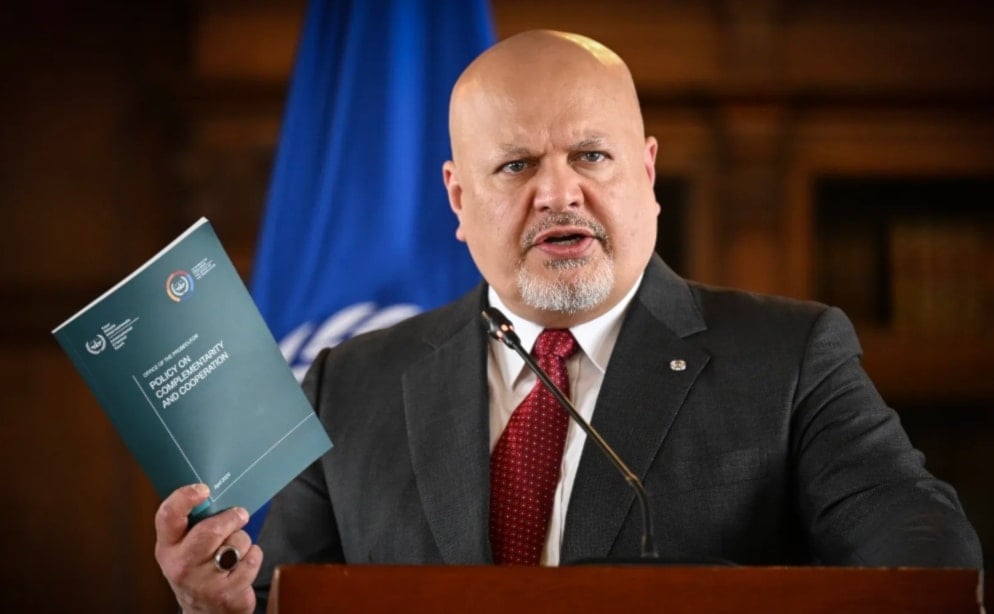 International Criminal Court (ICC) Prosecutor Karim Khan speaks during a press conference in Colombia, on April 25,2024. (AFP)