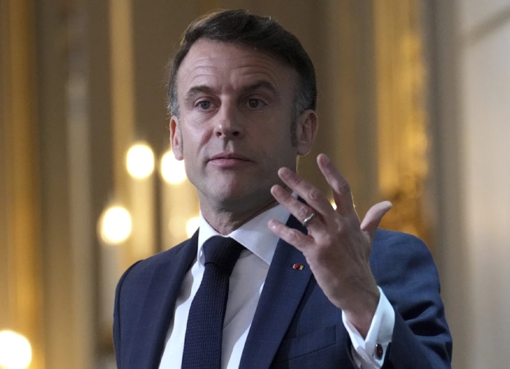 French President Emmanuel Macron delivers his speech to French ambassadors posted around the world on January 6,2025, at the Elysee Palace in Paris. (AP)