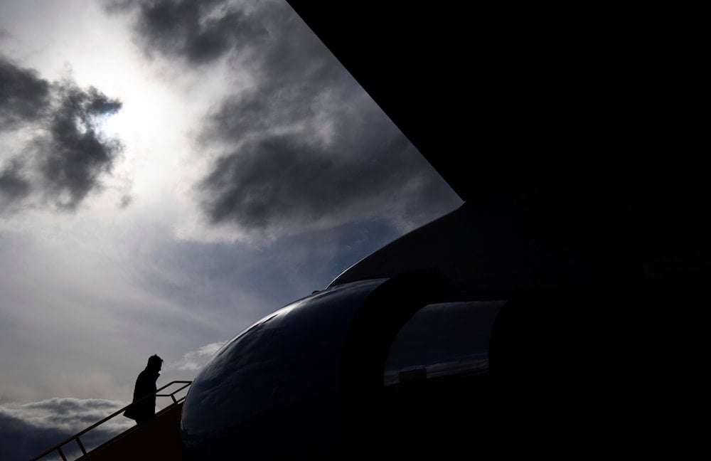 US Secretary of State Antony Blinken, boards his airplane prior to departing the Kangerlussuaq Airport in Greenland, on May 20, 2021. (AP)