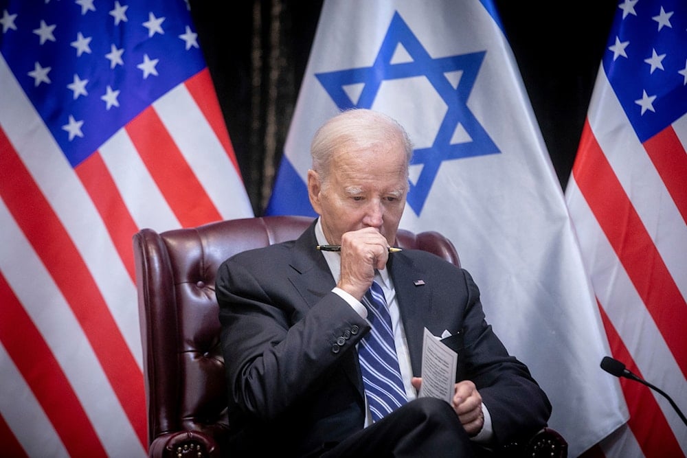 U.S. President Joe Biden pauses during a meeting with Israeli Prime Minister Benjamin Netanyahu to discuss the war in Tel Aviv, 