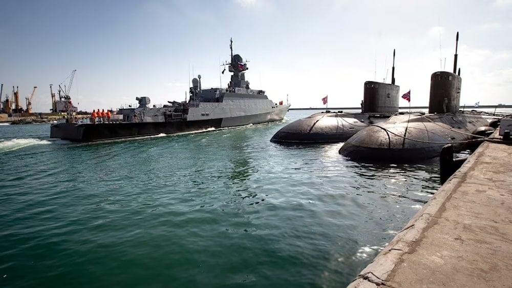 A navy missile ship departs the Russian naval facility in Tartus, Syria. AP