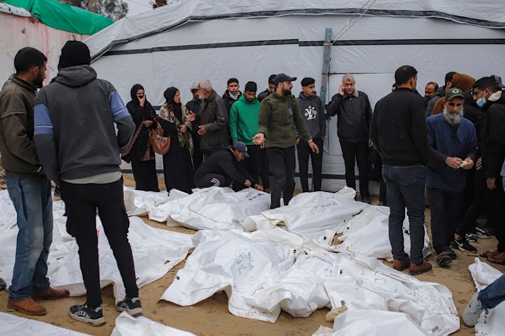 Palestinians look for the bodies of their relatives, who were killed in the Israeli bombardment of the Gaza Strip, at the Nasser hospital in Khan Younis, Southern Gaza Strip, Thursday, Jan. 23, 2025 (AP)