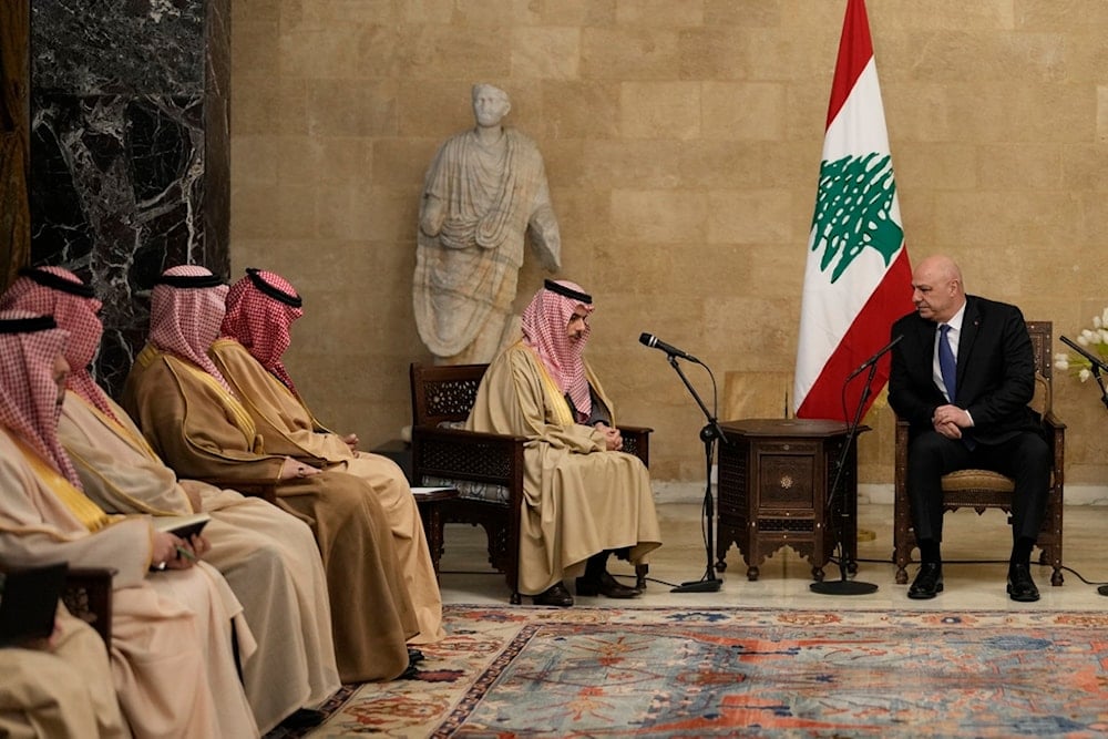 Lebanese President Joseph Aoun, right, meets with Saudi Arabia's Foreign Minister Prince Faisal bin Farhan al-Saud at the presidential palace in Baabda, east of Beirut, Lebanon, Thursday, Jan. 23, 2025 (AP)