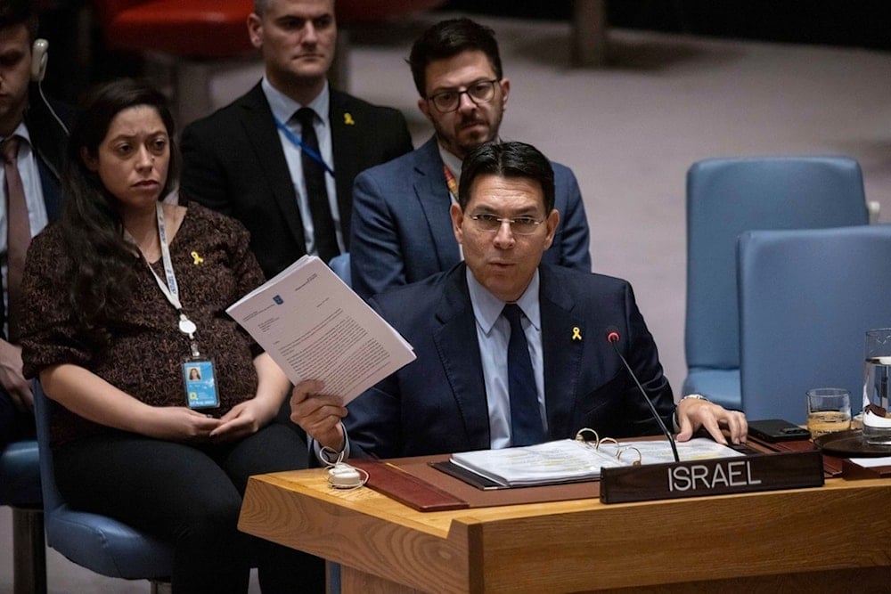 The Israeli Ambassador and Permanent Representative to the United Nations Danny Danon speaks during a Security Council meeting at the United Nations headquarters, Friday, January 17, 2025 (AP)