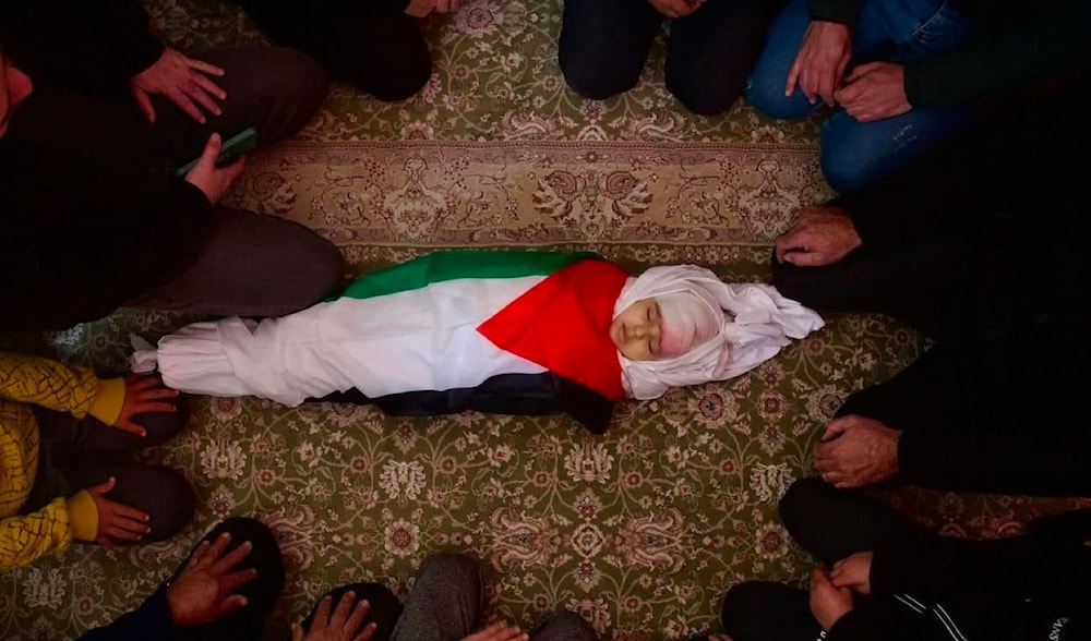 The farewell of the little girl Layla Khatib (2 years old) who was killed after being shot in the head by Israeli gunfire in the village of Al Shohdaa (Mothalth Ash Shuhada), southern Jenin. (Wahaj bani Moufleh/ X)