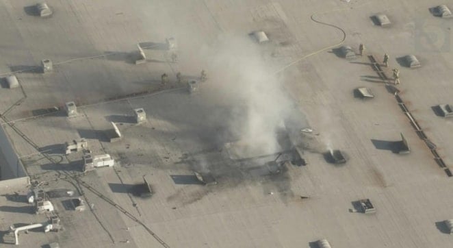 Aerial footage of the plane crash that impacted the roof of a furniture warehouse on January 2, 2025. (Social Media/X)