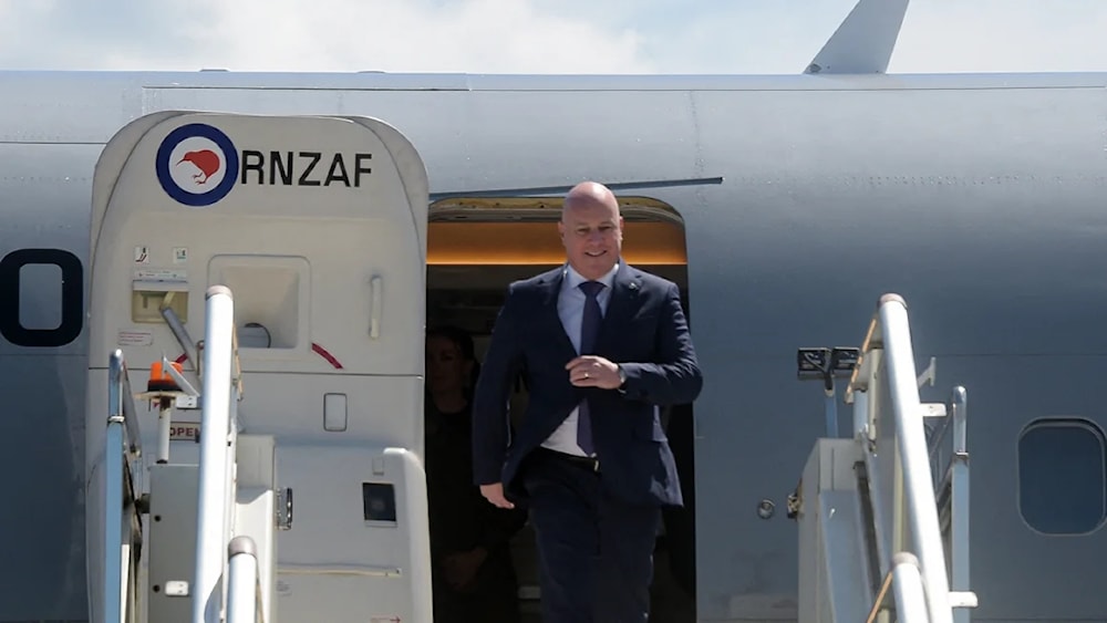 Prime Minister Christopher Luxon alights from a Royal New Zealand Air Force aircraft in Port Moresby on June 16, 2024. (AFP/Getty Images)